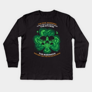 The Devil whispers you can't with stand the storm. The Irishman replies I am the feckin storm Kids Long Sleeve T-Shirt